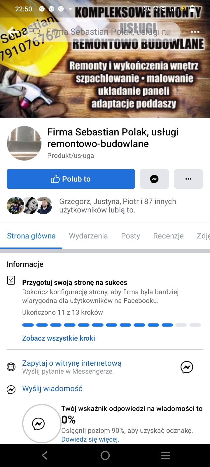 Grafika reklamowa firmy remontowo-budowlanej Sebastian Polak z ofertą kompleksowych remontów i wykończeń wnętrz, w tym szpachlowania, malowania, układania paneli i adaptacji poddaszy, widoczna...