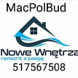 Logo firmy MacPolBud - Nowe Wnętrza, z motywem domu i strzałki, hasłem 'remont z pasją' i numerem telefonu na białym tle.