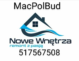 Logo firmy MacPolBud - Nowe Wnętrza, z motywem domu i strzałki, hasłem 'remont z pasją' i numerem telefonu na białym tle.