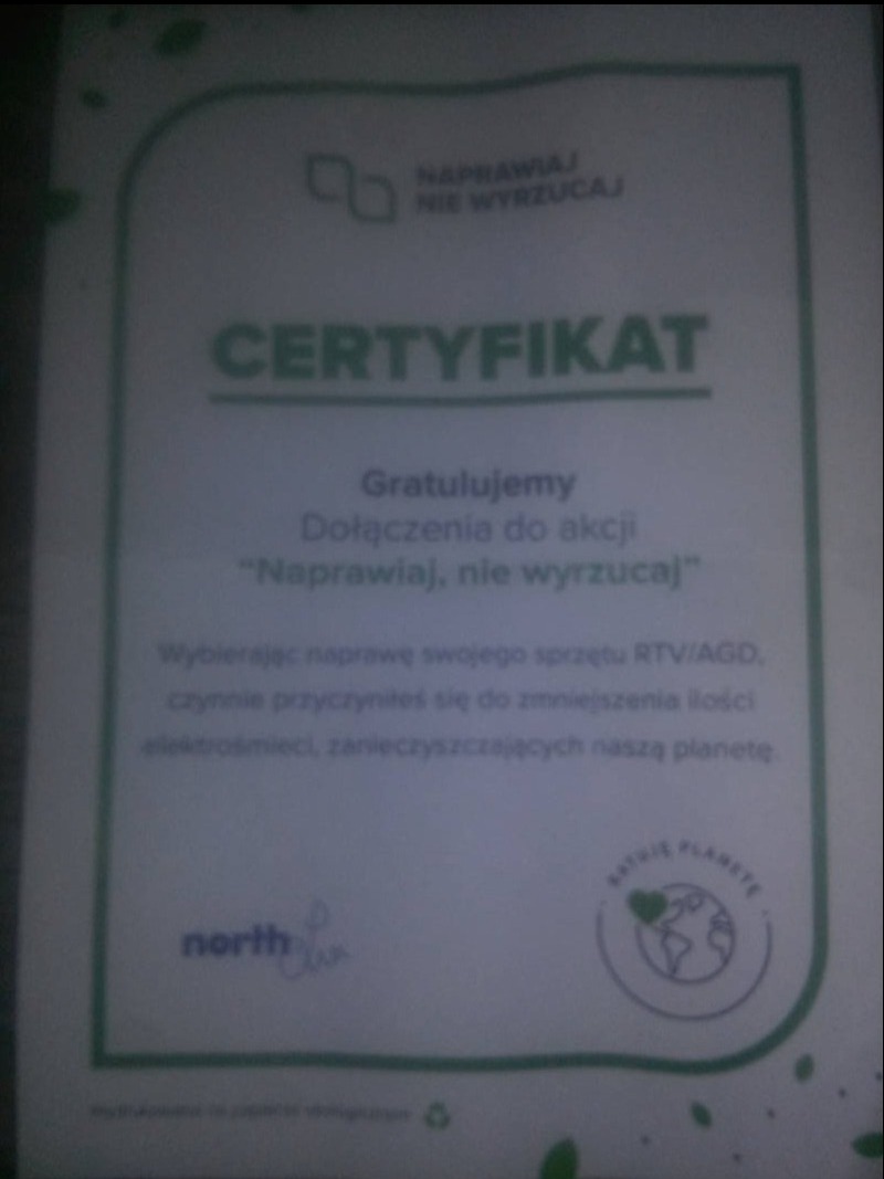 Certyfikat udziału w akcji 'Naprawiaj, nie wyrzucaj', promującej naprawę sprzętu RTV/AGD w celu zmniejszenia ilości elektrośmieci, z logo North.
