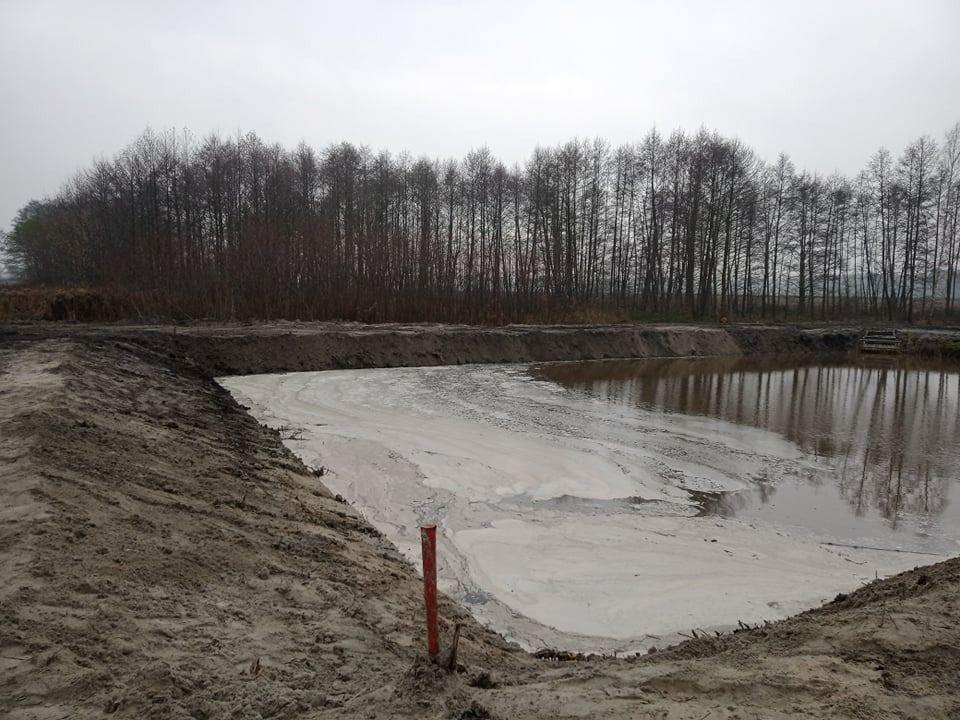 Świeżo wykopany staw z brudną wodą, widoczne ślady prac ziemnych, w tle rząd drzew bez liści i pochmurne niebo.