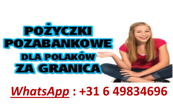 Reklama pożyczek pozabankowych dla Polaków za granicą z numerem WhatsApp i uśmiechniętą dziewczyną.