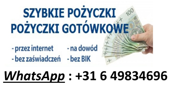 Grafika reklamowa: napis 'Szybkie Pożyczki Pożyczki Gotówkowe', informacje o dostępności przez internet i bez zaświadczeń, dłoń trzymająca plik banknotów 100 zł oraz numer WhatsApp