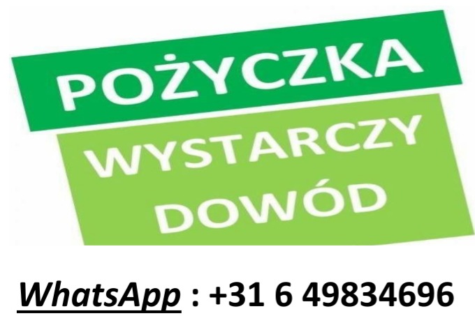 Grafika reklamowa: zielone prostokąty z białym napisem 'POŻYCZKA' i 'WYSTARCZY DOWÓD', numer WhatsApp na dole.