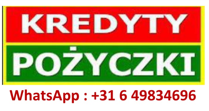 Grafika z napisem 'KREDYTY' na czerwonym tle i 'POŻYCZKI' na zielonym tle, z numerem WhatsApp w kolorze czerwonym.