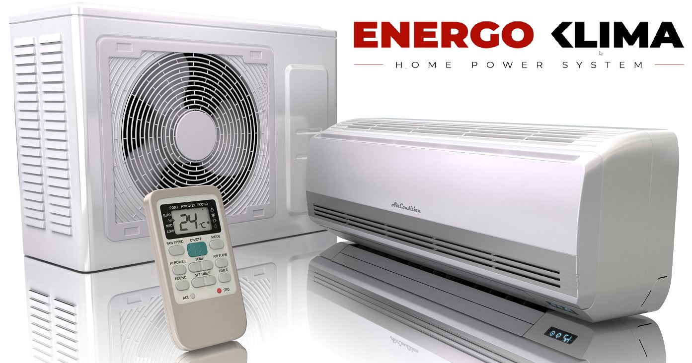 Klimatyzator dwuczęściowy z pilotem, widoczny wentylator jednostki zewnętrznej, ustawiona temperatura 24 stopnie, błyszcząca powierzchnia odbija urządzenia.