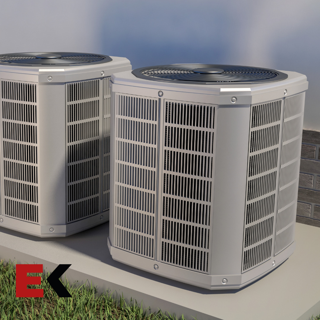 Dwa identyczne, szare klimatyzatory zewnętrzne ustawione obok jasnej ściany z fragmentem muru z cegły, widoczne z poziomu gruntu, z logotypem firmy w lewym dolnym rogu.