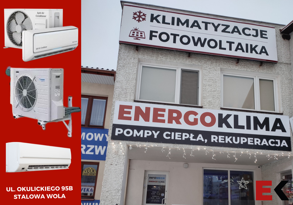 Elewacja budynku firmy Energoklima z reklamą klimatyzacji i fotowoltaiki; po lewej stronie grafika z modelami klimatyzatorów, adres firmy: Stalowa Wola.