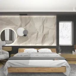 Nowoczesna sypialnia z drewnianym łóżkiem, tapetą imitującą pognieciony papier, okrągłym lustrem z podświetleniem LED, i designerskim fotelem z wysokim oparciem, oświetlona lampami wiszącymi...