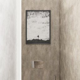 Cognac Architects - Nowoczesna toaleta podwieszana z bidetką, zamontowana w łazience w Warszawie, z dekoracyjną fakturą na ścianie i obrazem z motywem fal.