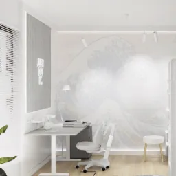 Wizualizacja pokoju z biurkiem z regulowaną wysokością, krzesłem biurowym i tapetą z motywem fali, oświetlona lampami sufitowymi i lampką biurkową. Na ścianie neonowy napis 'JUST DO IT'.