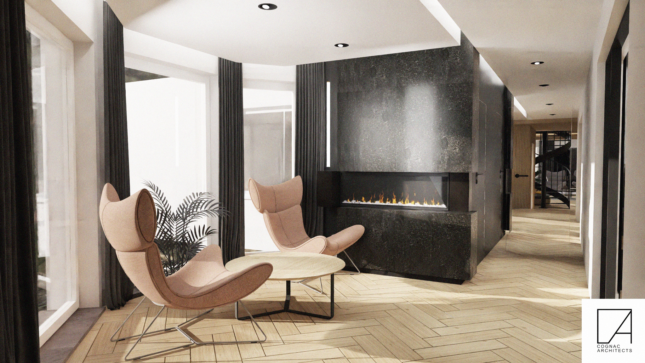 Wizualizacja salonu z dwoma fotelami w odcieniach różu, okrągłym stolikiem kawowym i nowoczesnym kominkiem elektrycznym obudowanym czarnym kamieniem, widok na korytarz ze schodami spiralnymi w tle.