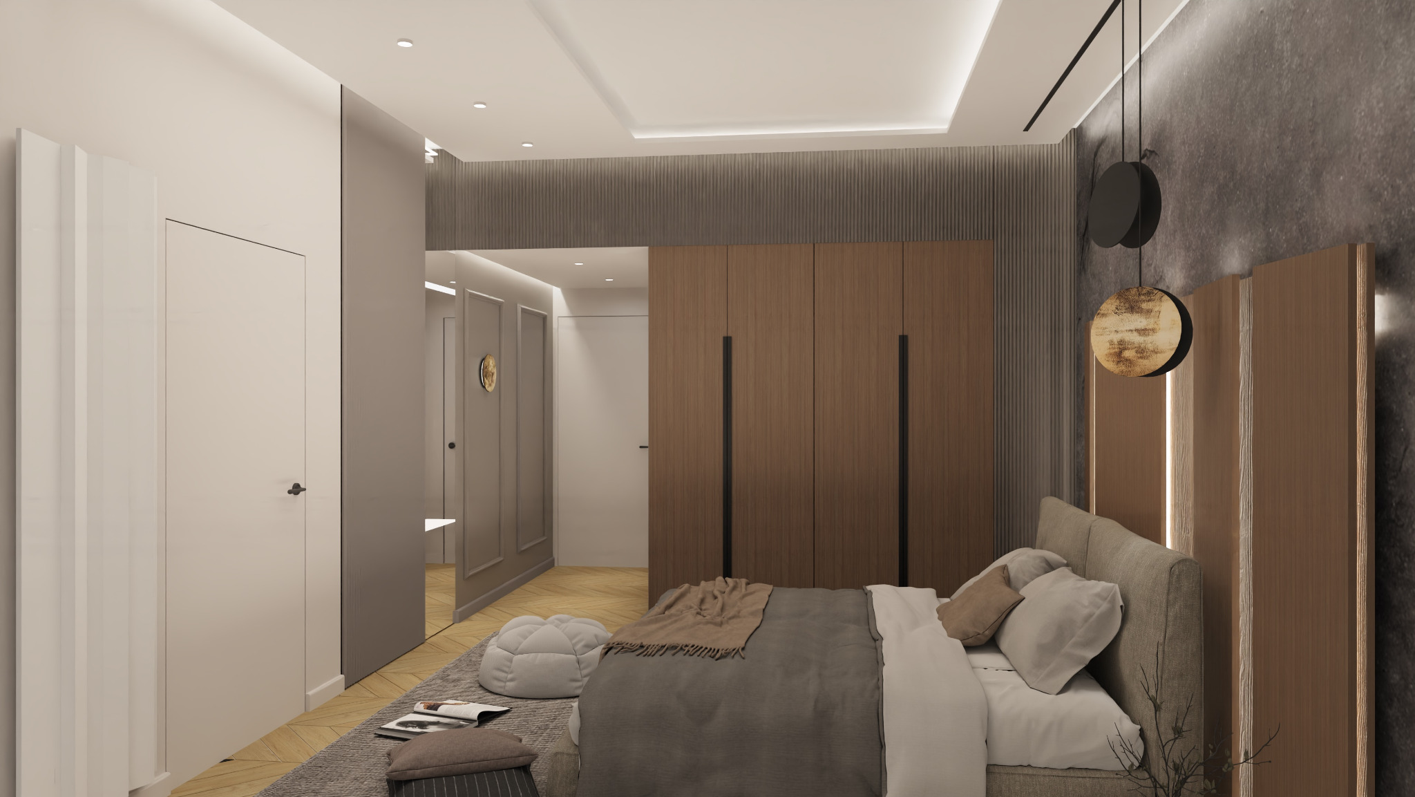 Wizualizacja sypialni w stonowanych barwach z dużym łóżkiem, drewnianą zabudową i okrągłą lampą wiszącą z elementami czerni i złota.