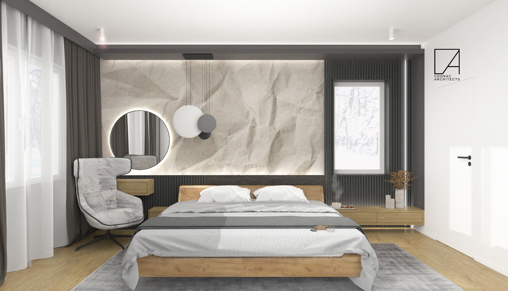 Nowoczesna sypialnia z drewnianym łóżkiem, tapetą imitującą pognieciony papier, okrągłym lustrem z podświetleniem LED, i designerskim fotelem z wysokim oparciem, oświetlona lampami wiszącymi...