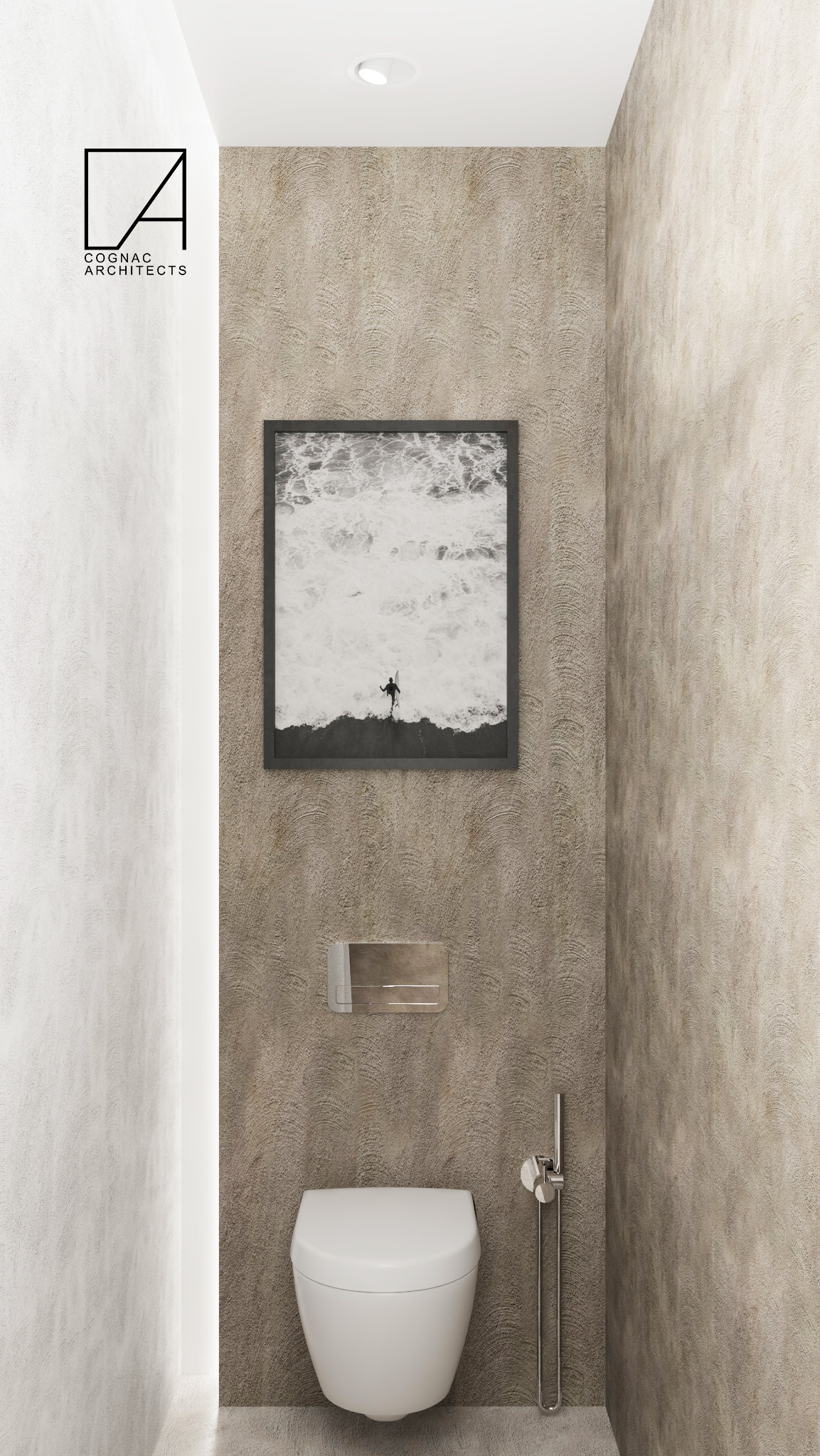 Nowoczesna toaleta podwieszana z bidetką, zamontowana w łazience w Warszawie, z dekoracyjną fakturą na ścianie i obrazem z motywem fal.