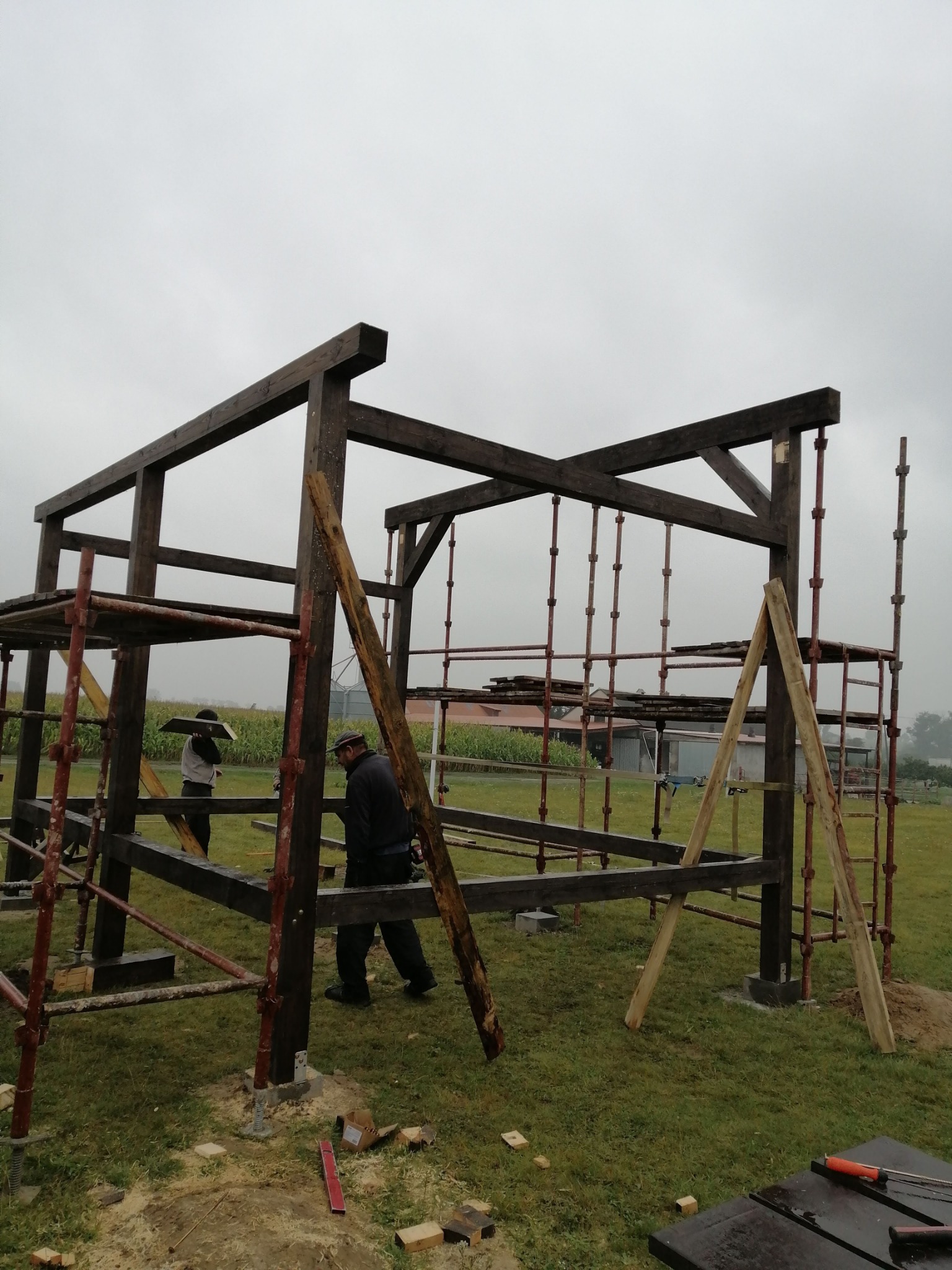 Konstrukcja drewniana w trakcie budowy na zewnątrz, widoczne rusztowania i pracownicy przenoszący elementy, pochmurna pogoda i pole kukurydzy w tle.