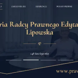 Strona internetowa kancelarii radcy prawnego Edyty Kubiak-Lipowskiej z numerem telefonu i adresem strony internetowej, w tle widać certyfikaty i siedzącą przy biurku prawniczkę.