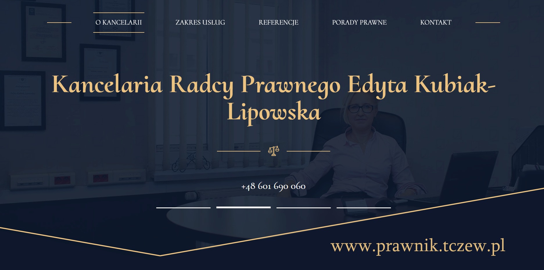 Strona internetowa kancelarii radcy prawnego Edyty Kubiak-Lipowskiej z numerem telefonu i adresem strony internetowej, w tle widać certyfikaty i siedzącą przy biurku prawniczkę.