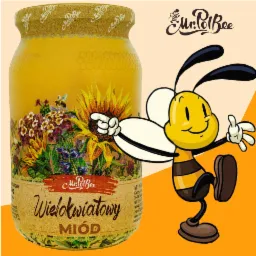 Słoik miodu wielokwiatowego marki Mr. Pol Bee z ilustracją kwiatów i pszczoły, obok animowana pszczoła z logo firmy.