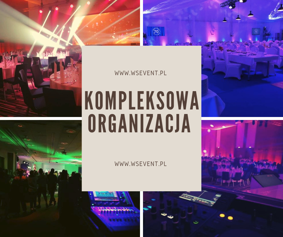 Kolaż zdjęć z różnych etapów organizacji eventu: oświetlenie sceniczne, ustawione stoły, konsoleta DJ-a z podświetleniem.