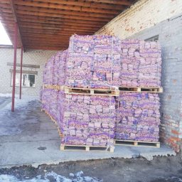 Mskills Spółka z o.o. - Stosy palet z drewnem kominkowym, zabezpieczonym fioletową folią, składowane pod zadaszeniem przy ceglanym budynku.