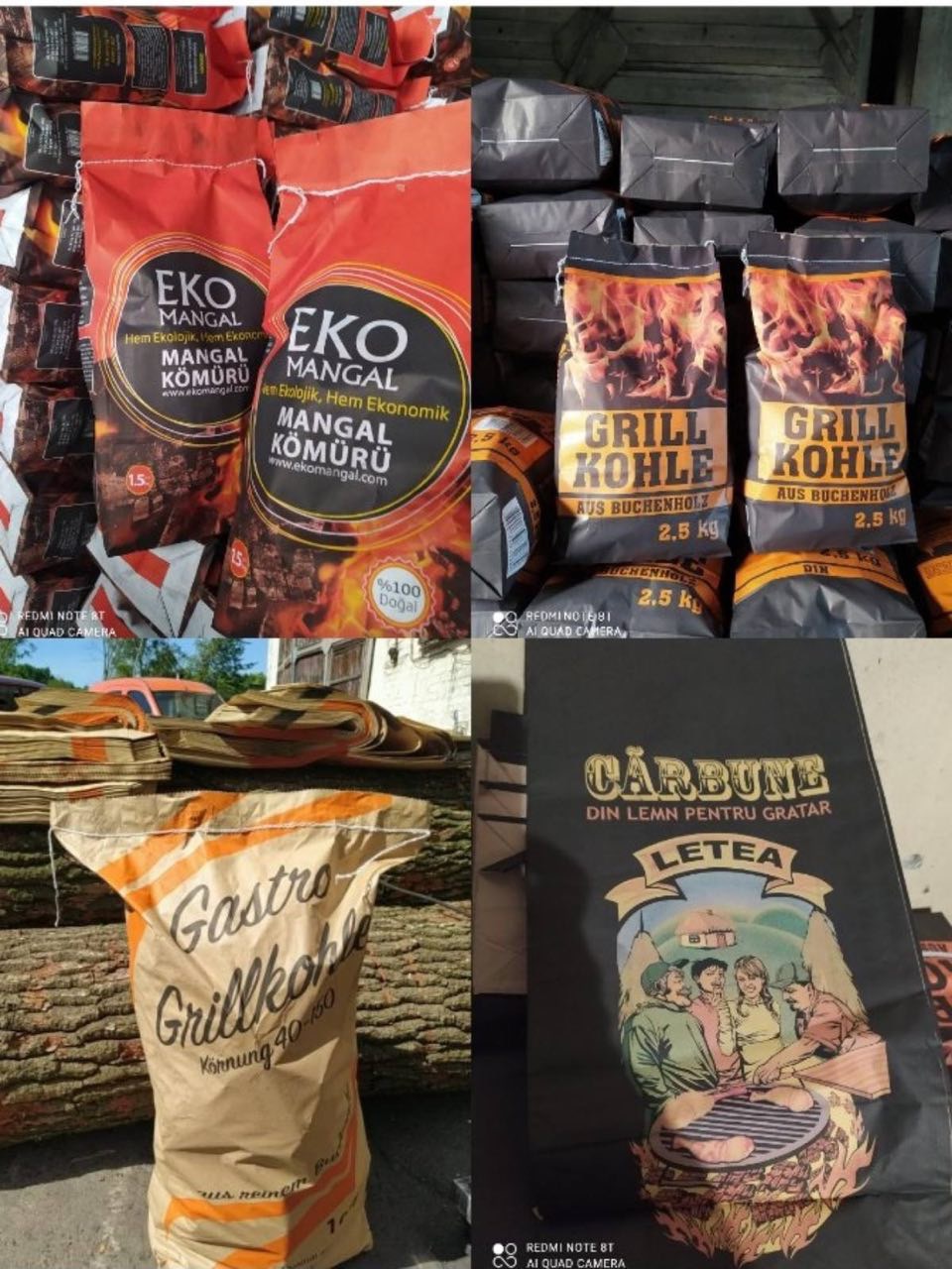 Zestawienie worków z różnymi rodzajami węgla grillowego: Eko Mangal, Grill Kohle aus Buchenholz, Gastro Grillkohle i Carbone Din Lemn Pentru Gratar, ułożonych w stosy, z widocznymi napisami...