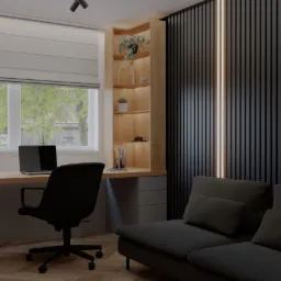 Wnętrze gabinetu w mieszkaniu. Styl Dark Nordic.