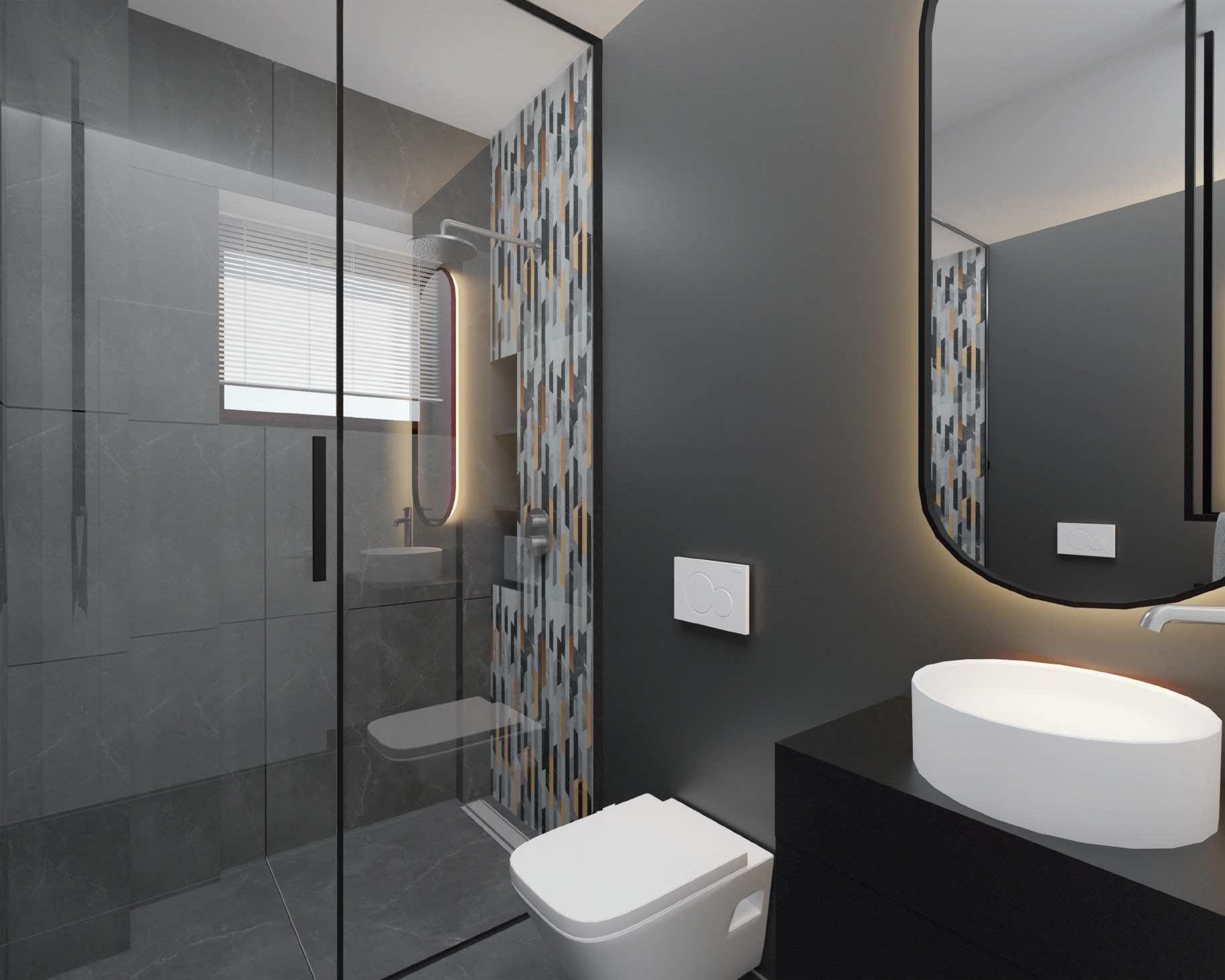 Projekt łazienki w ciemnej odsłonie.