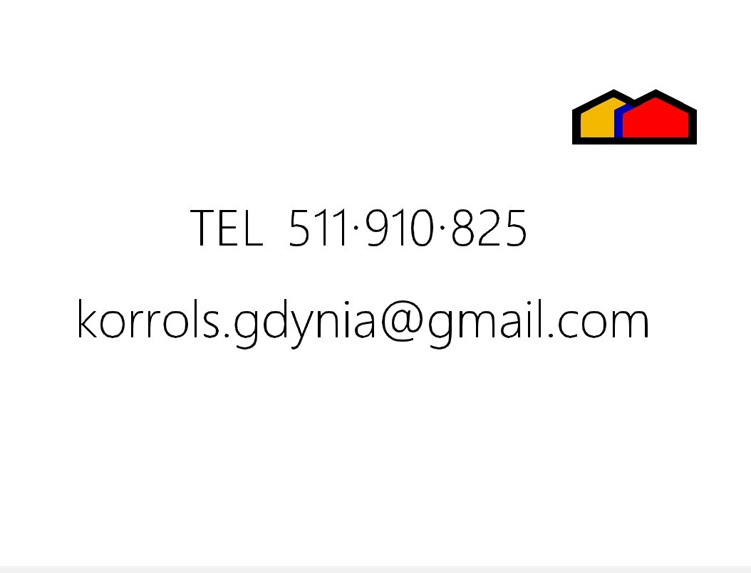 Logo firmy z Gdyni z numerem telefonu i adresem e-mail oraz graficznym symbolem dwóch domów w kolorach żółtym, niebieskim i czerwonym.
