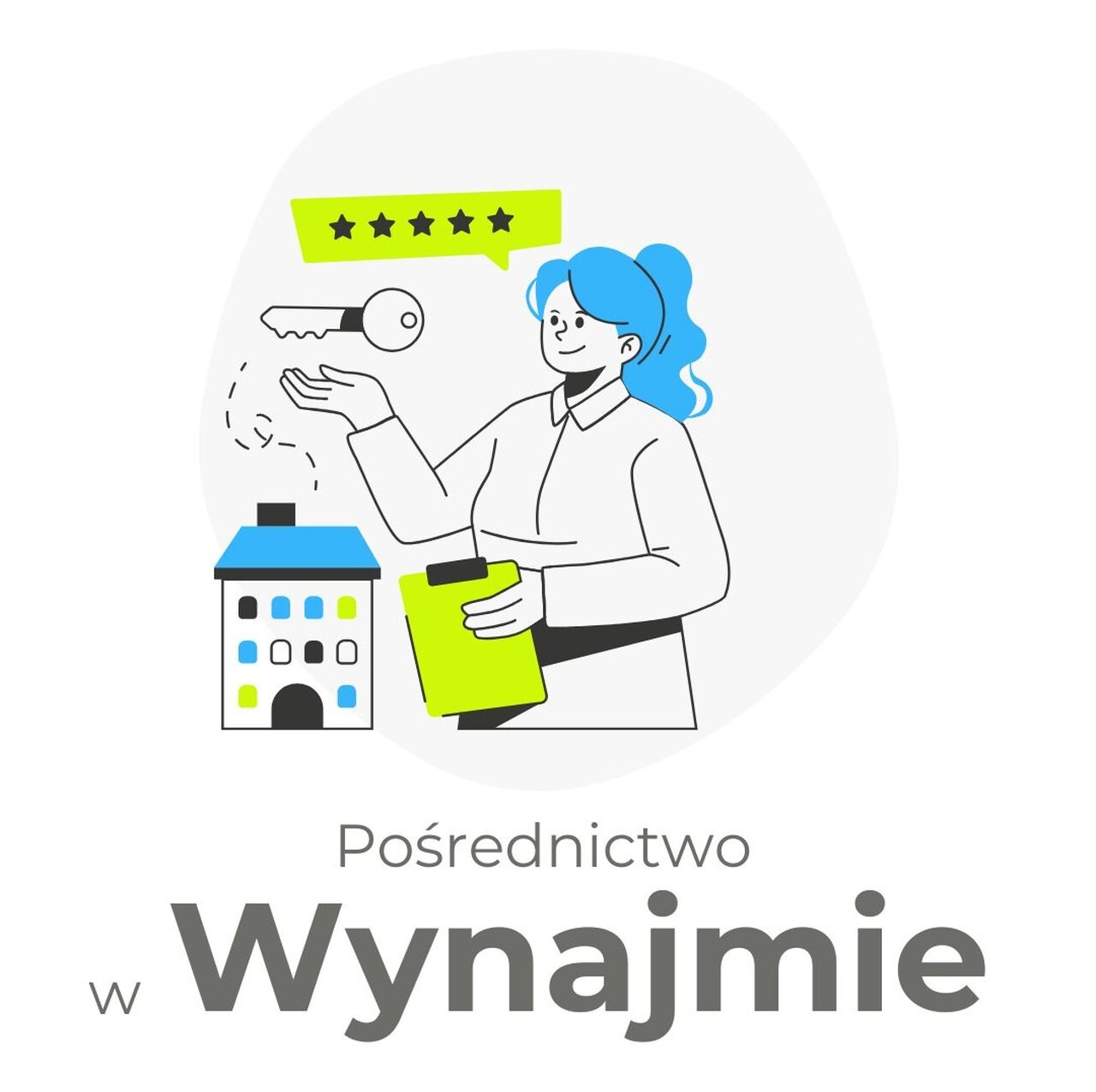 Ilustracja: kobieta z kluczem nad domem, symbolizująca pośrednictwo w wynajmie z oceną pięciogwiazdkową, trzymająca zielony notatnik. Minimalistyczny design.