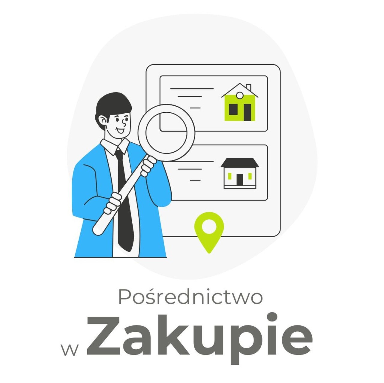 Ilustracja: Pośrednik z lupą analizuje oferty domów na ekranie tabletu. Zaznaczona lokalizacja. Tekst: Pośrednictwo w zakupie.