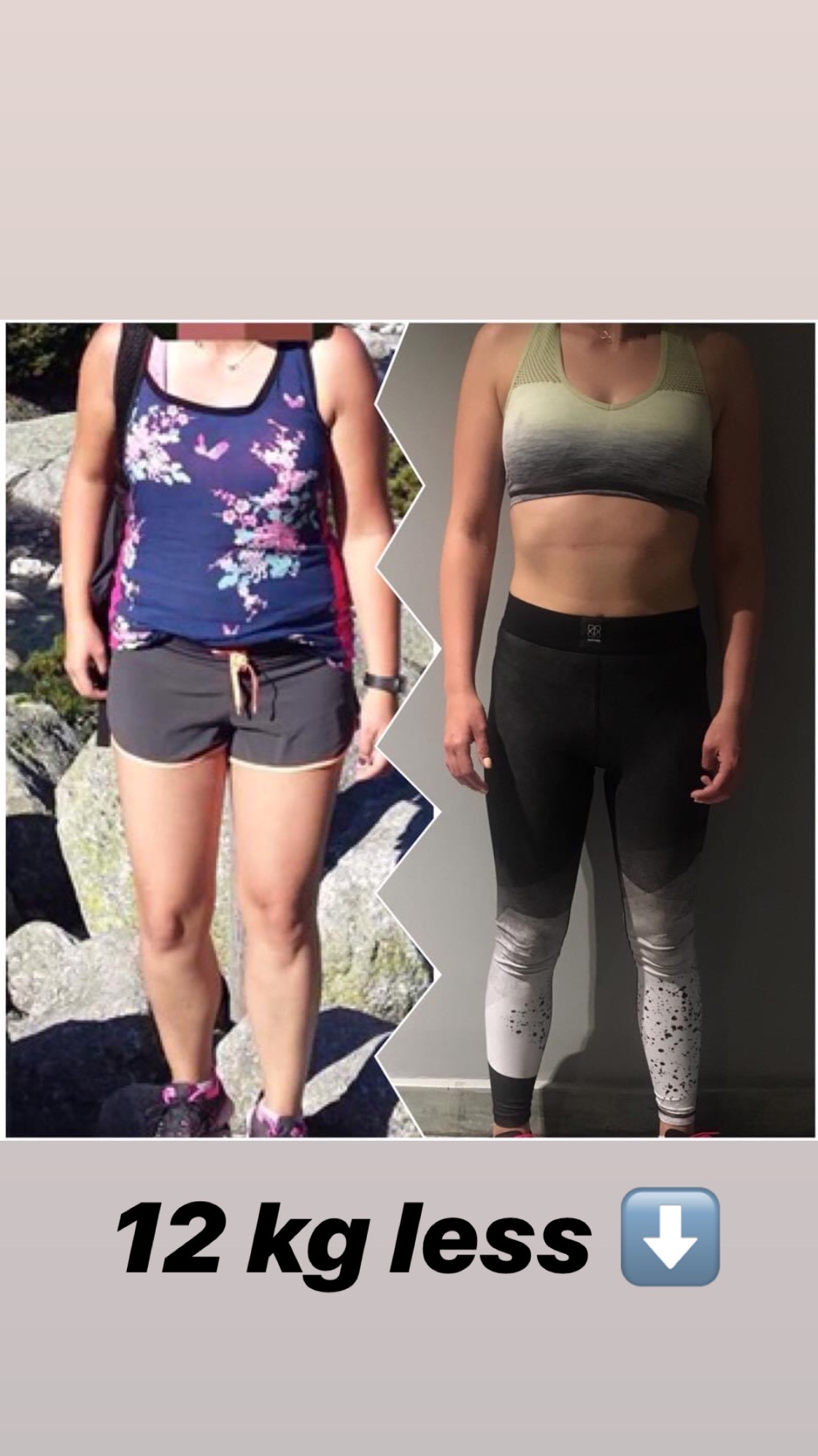 Kobieta przed i po utracie wagi, widoczne zmiany w sylwetce, ubrana w sportową odzież, na pierwszym planie napis '12 kg less' ze strzałką w dół.