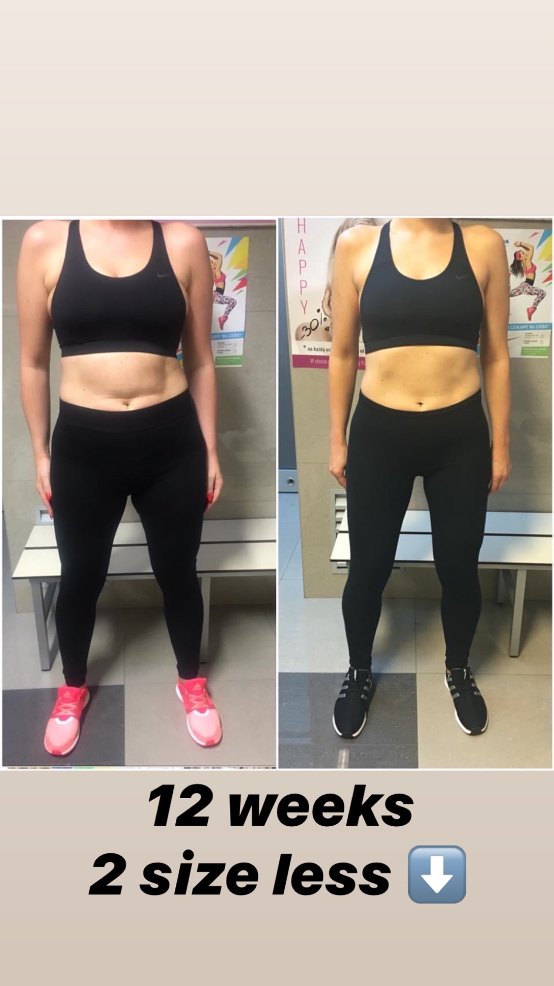 Porównanie sylwetki kobiety przed i po 12 tygodniach treningu, widoczna różnica w obwodzie talii i ud, różowe buty sportowe na zdjęciu po lewej, czarne po prawej.