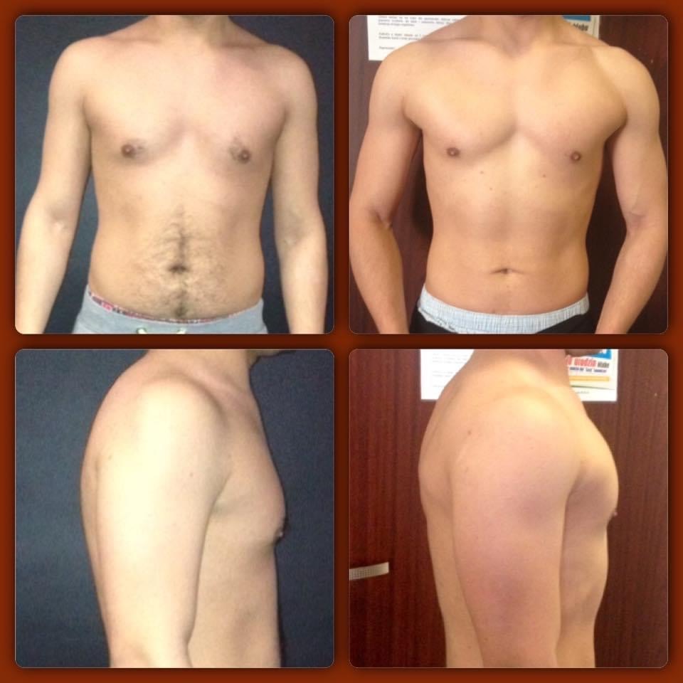 Kolaż przedstawiający postępy w budowie masy mięśniowej mężczyzny, widoczne zmiany w sylwetce z przodu i z boku, przed i po treningu.