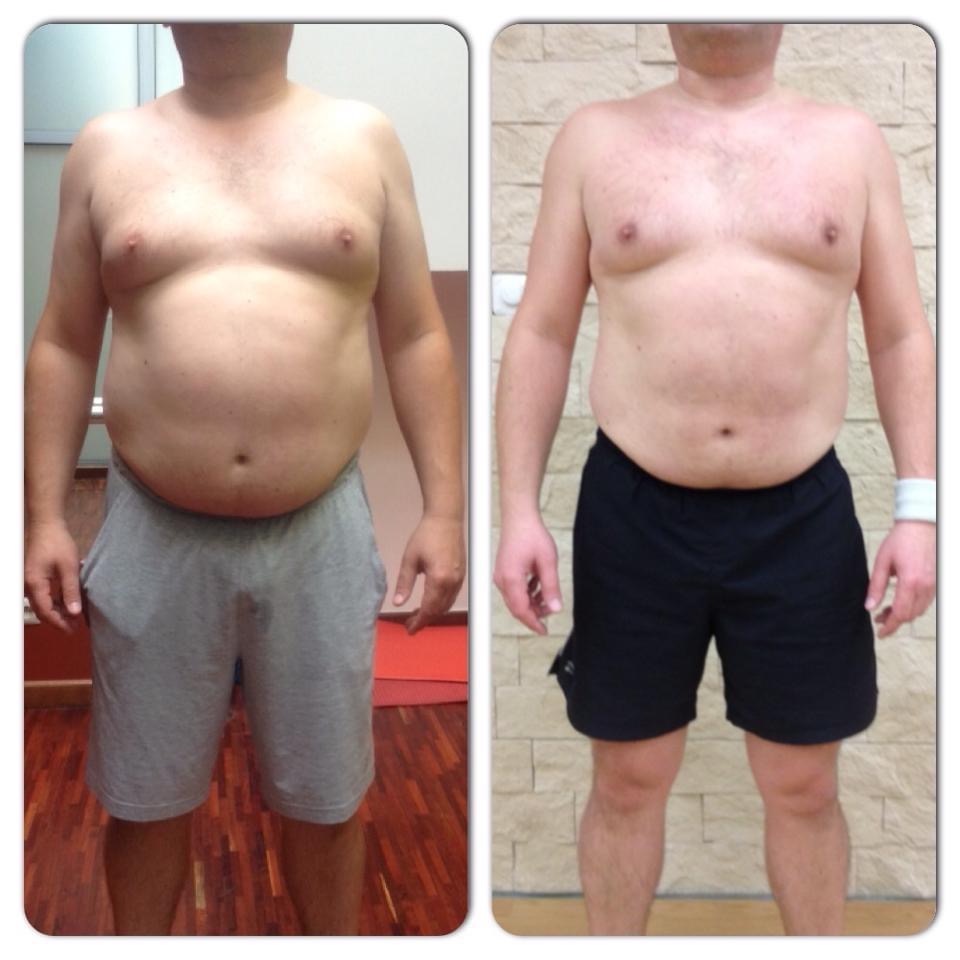 Mężczyzna przed i po treningu: porównanie sylwetki, widoczna redukcja tkanki tłuszczowej na brzuchu i klatce piersiowej, zmiana z szarych na czarne spodenki treningowe.