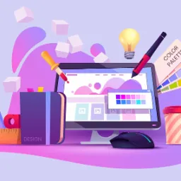 Ilustracja koncepcyjna przedstawiająca proces tworzenia grafiki: monitor z paletą kolorów, pędzel, pióro graficzne, kubek, kostki, litery A i a oraz notatnik z napisem DESIGN, wszystko w pastelowej...