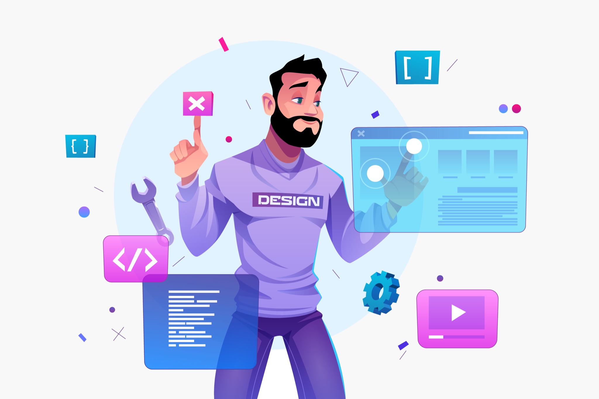 Karykaturalny mężczyzna z brodą w fioletowej koszuli z napisem 'DESIGN' dotyka interfejsu strony internetowej, otoczony ikonami kodu, narzędziami i elementami graficznymi.
