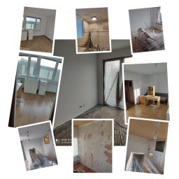 Martin Krawiec - Kolaż zdjęć przedstawiający wnętrza mieszkań w trakcie remontu: przygotowane do malowania ściany, zabezpieczone folią meble i podłogi, częściowo usunięte stare płytki w łazience.