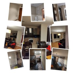 Martin Krawiec - Kolaż zdjęć z remontowanego mieszkania: widok salonu z kuchnią, łazienki z grzejnikiem drabinkowym, pokoju zabezpieczonego folią malarską przed malowaniem, oraz świeżo pomalowanej ściany w innym...