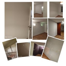 Martin Krawiec - Kolaż zdjęć przedstawiający wnętrza po odświeżeniu ścian, widoczne świeżo pomalowane powierzchnie, fragmenty z drobnymi niedoskonałościami przed wykończeniem oraz zabezpieczona folią kuchnia...