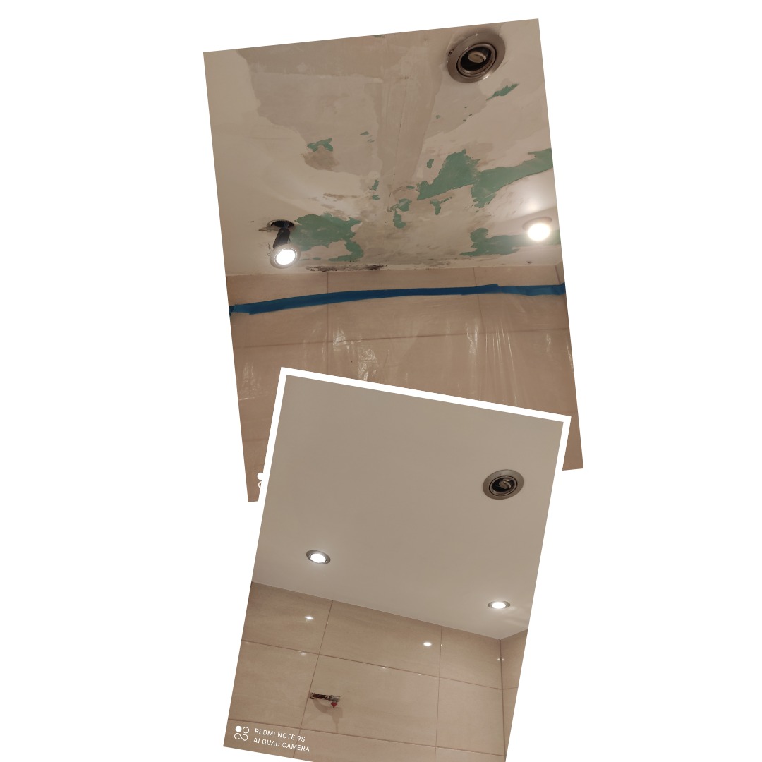 Porównanie stanu sufitu przed i po pracach: widoczne plamy i nierówności na starym suficie oraz gładka, pomalowana powierzchnia nowego sufitu z zamontowanymi punktowymi lampami.