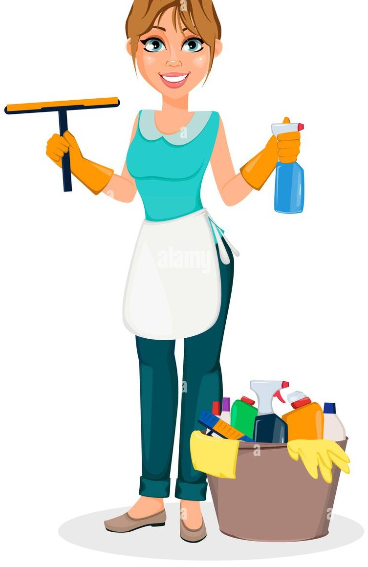 Kobieta w fartuchu i rękawicach trzymająca ściągaczkę do wody i butelkę ze spryskiwaczem, obok wiadro ze środkami czystości.