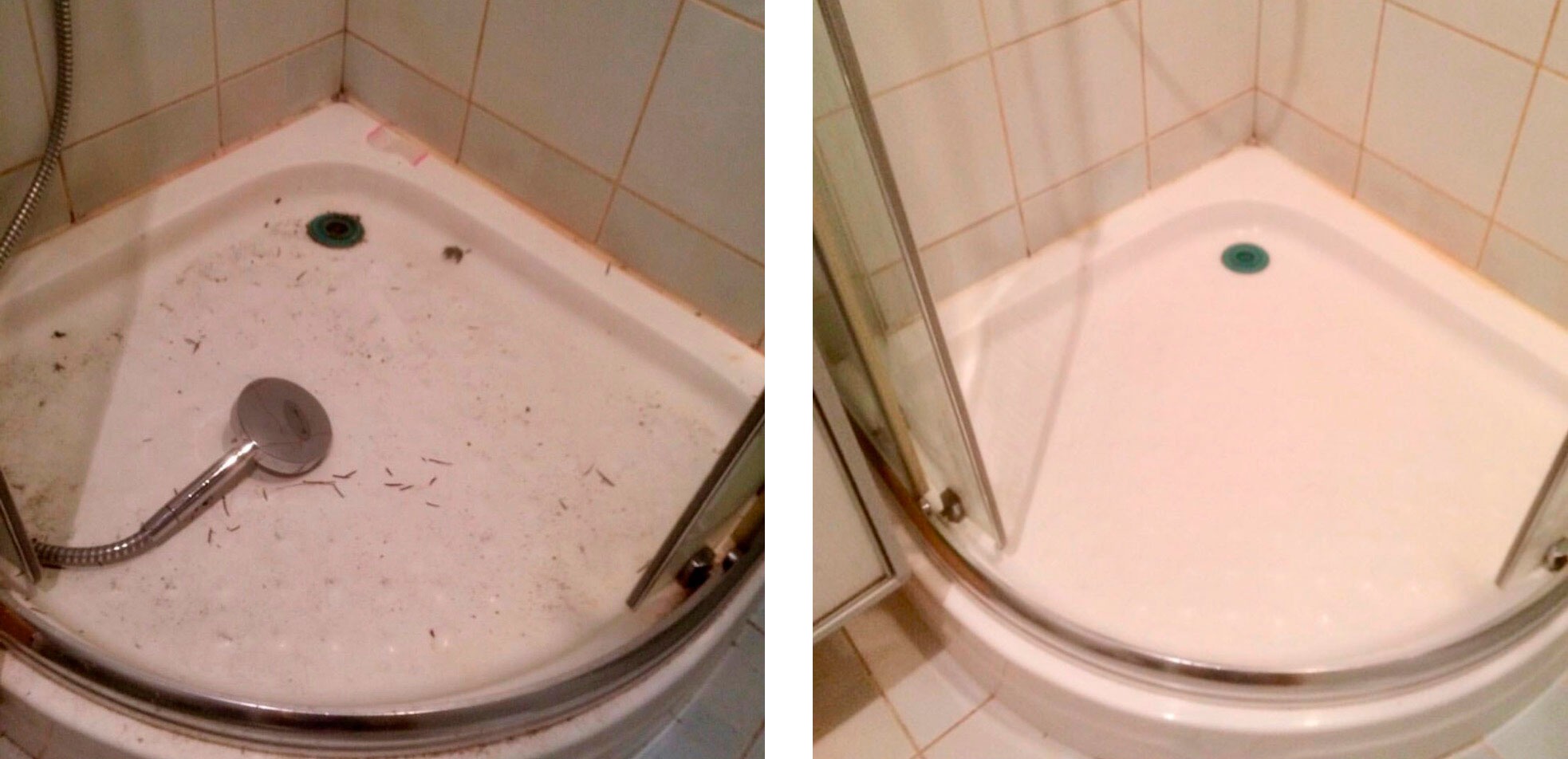 Porównanie brodzika prysznicowego przed i po czyszczeniu, widoczne osady i włosy przed oraz czysta powierzchnia po zabiegu.