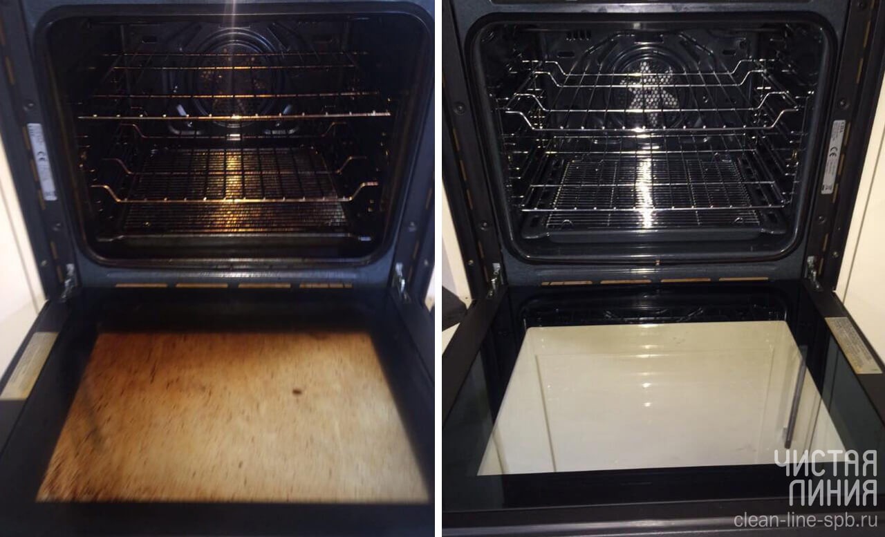 Porównanie wnętrza piekarnika przed i po czyszczeniu: po lewej brudny z przypalonym tłuszczem, po prawej lśniący czystością, z widocznymi metalowymi rusztami.