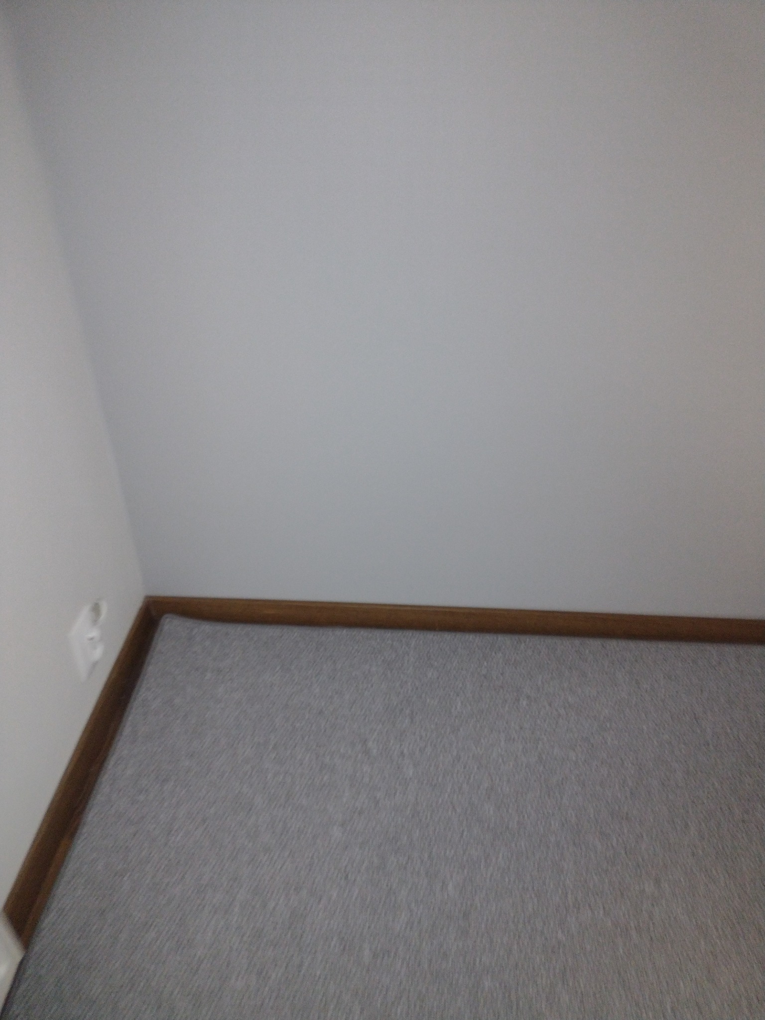 Szara podłoga wyłożona wykładziną dywanową, przy ścianie listwa przypodłogowa w kolorze drewna, biała ściana z gniazdkiem elektrycznym w rogu.