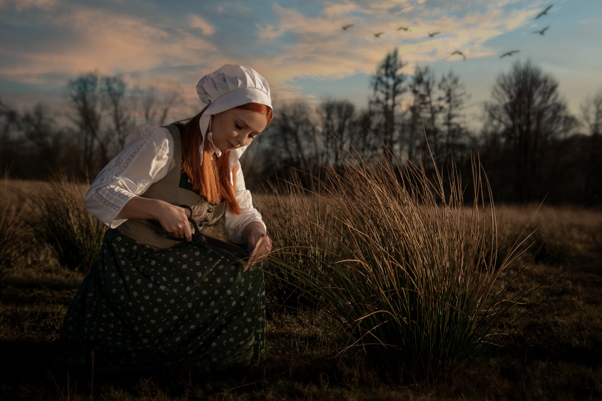 Kobieta w stroju z epoki, z rudymi włosami i białym czepkiem, klęczy na łące i przycina nożycami suche trawy na tle zachodzącego słońca i przelatujących ptaków.