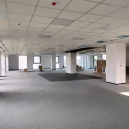 Przestronne, jasne pomieszczenie biurowe w Rzeszowie przed wykończeniem, z widoczną instalacją sufitową i podłogą pokrytą wykładziną dywanową. W tle widoczne okna i kolumny.