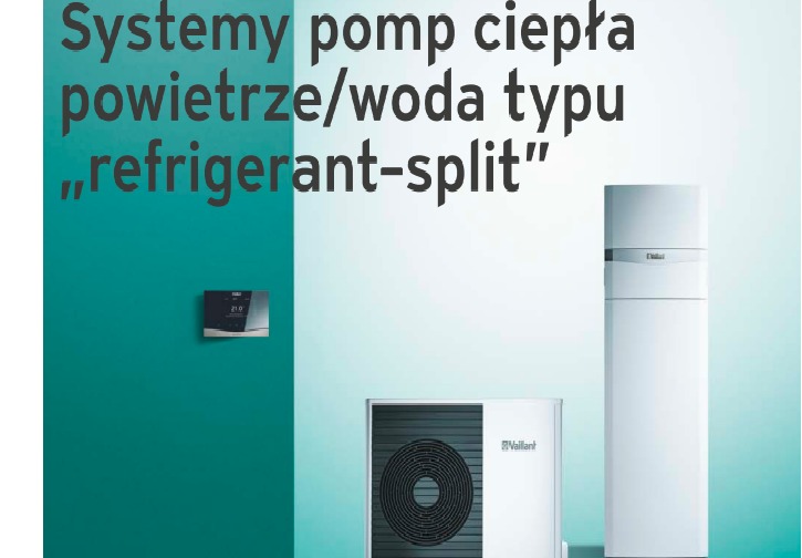 Nowoczesny system ogrzewania powietrze/woda typu 'refrigerant-split' z panelem sterowania na ścianie, prezentowany na tle dwukolorowej ściany w odcieniach turkusu i bieli.