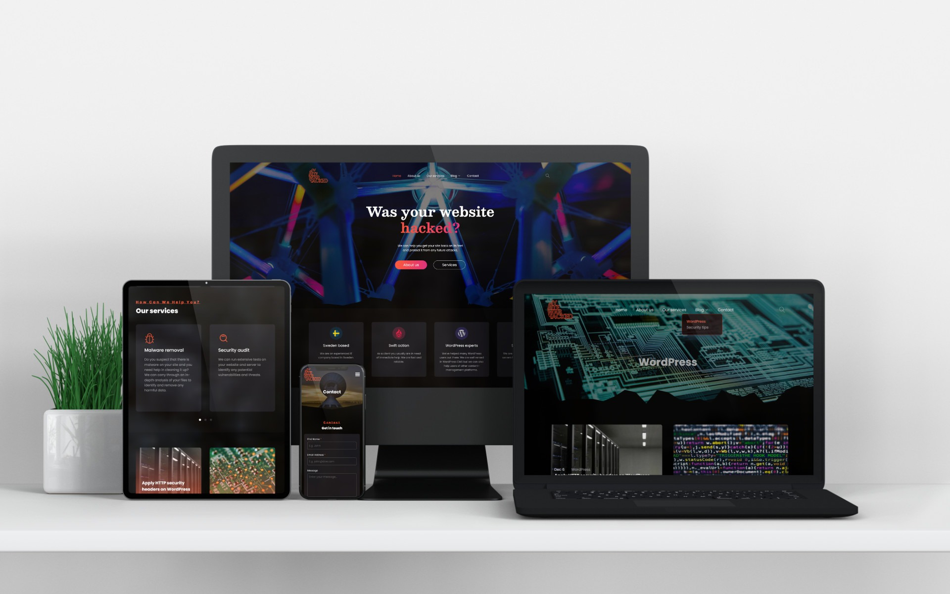 Mockup strony internetowej na różnych urządzeniach (laptop, tablet, smartfon) z pytaniem 'Was your website hacked?' oraz ofertą usług związanych z bezpieczeństwem i usuwaniem malware. Na laptopie...