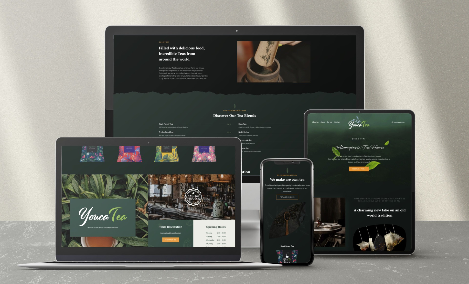 Responsywna strona internetowa Youca Tea na laptopie, tablecie i smartfonie, prezentująca ofertę herbat i możliwość rezerwacji stolika.